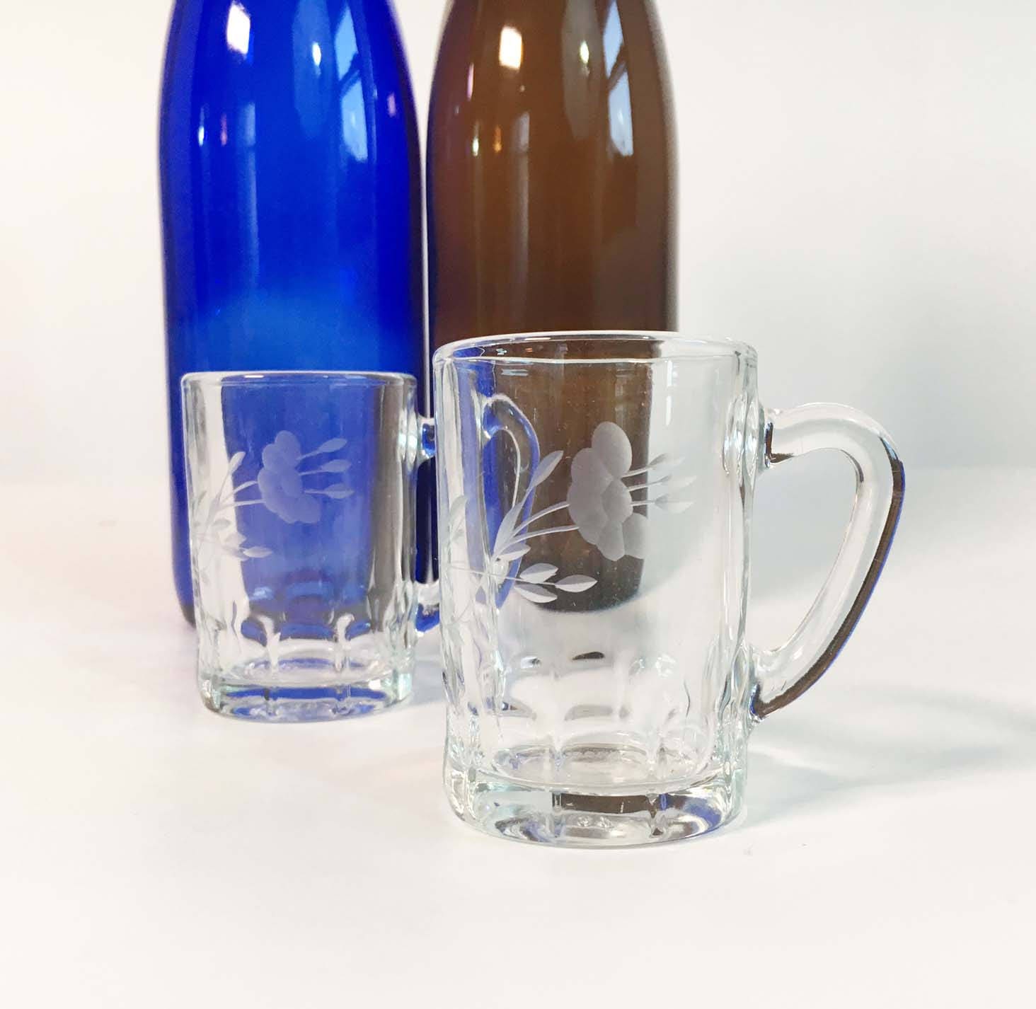 Set of 2 Vintage Etched Glasses with Handle Pair of Handled Shot