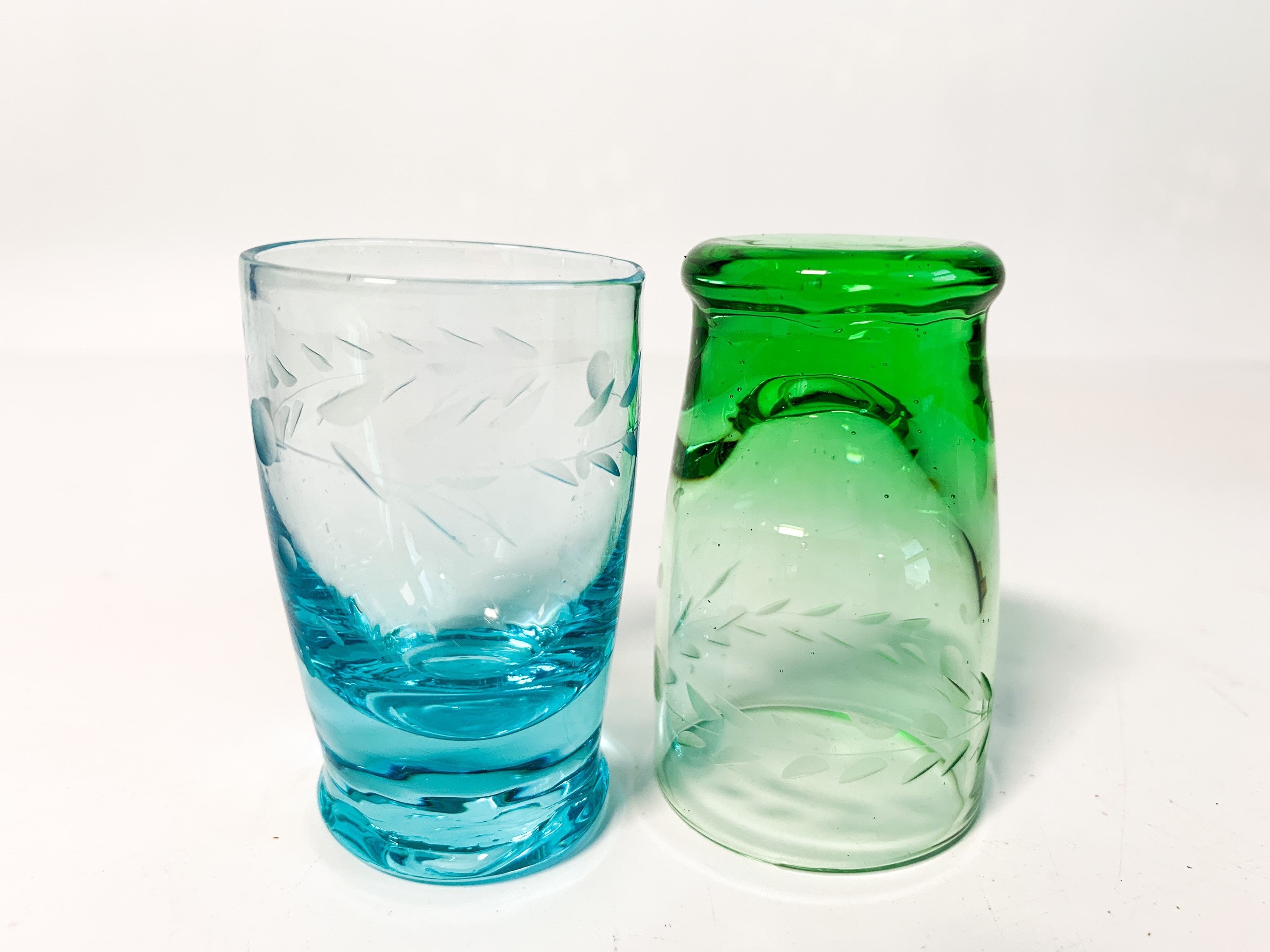 5 Vintage Etched Cordial MultiColored Glasses 5 Etched Hand Blown