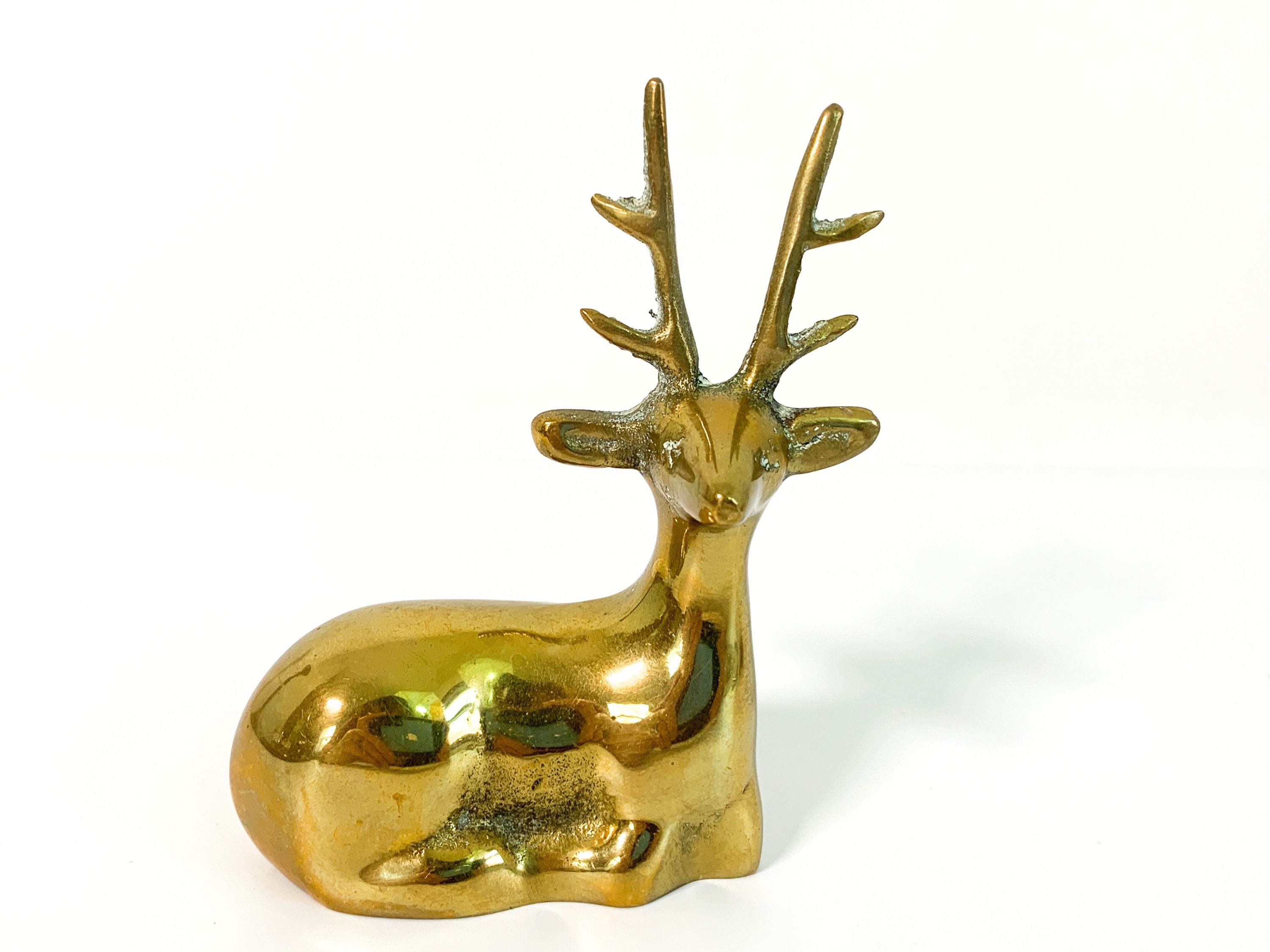 Pair Vintage Brass Deer 2 Brass Deer Laying Down Doe & Buck Wildlife