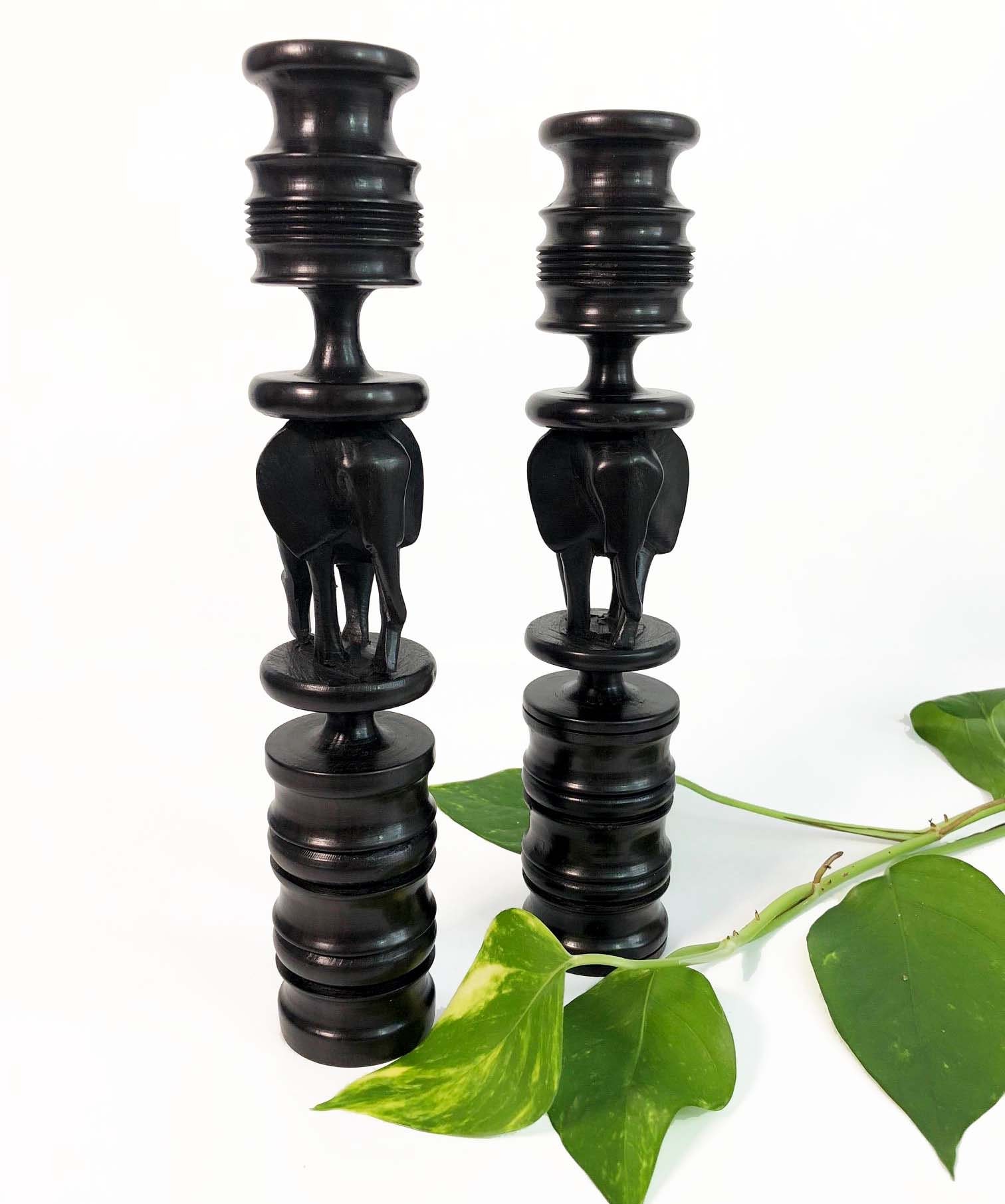 Vintage Ebony Candlestick Holders Set of 2 Pair of Dark Solid Wood