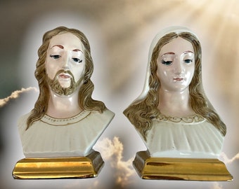 Vintage Jesus & Mary Bust Statues - Retro Home Decor - Mid century Religious Holland Mold Pair