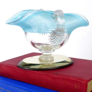 Vintage Turquoise Ribbed Glass Basket: Mirrored Base Trinket Dish