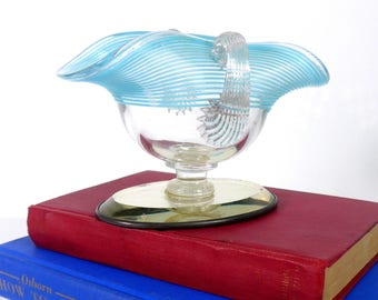 Vintage Glass Basket w/ Handles Mirror Base & Turquoise Ribs - Dainty Trinket Dish circa 1940s - Retro Hand Blown Unique Dish Home Decor