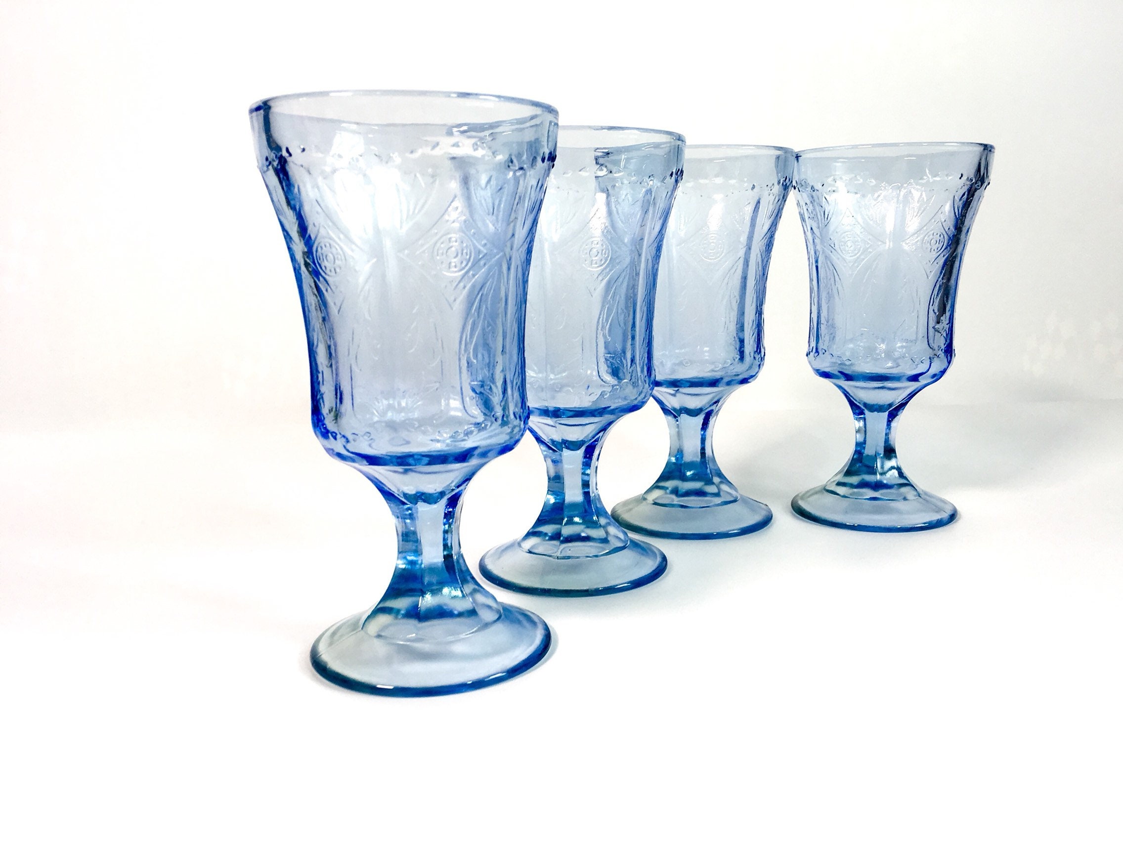 4 Vintage Water Glasses Goblets Blue Glasses Four Heavy Glasses w