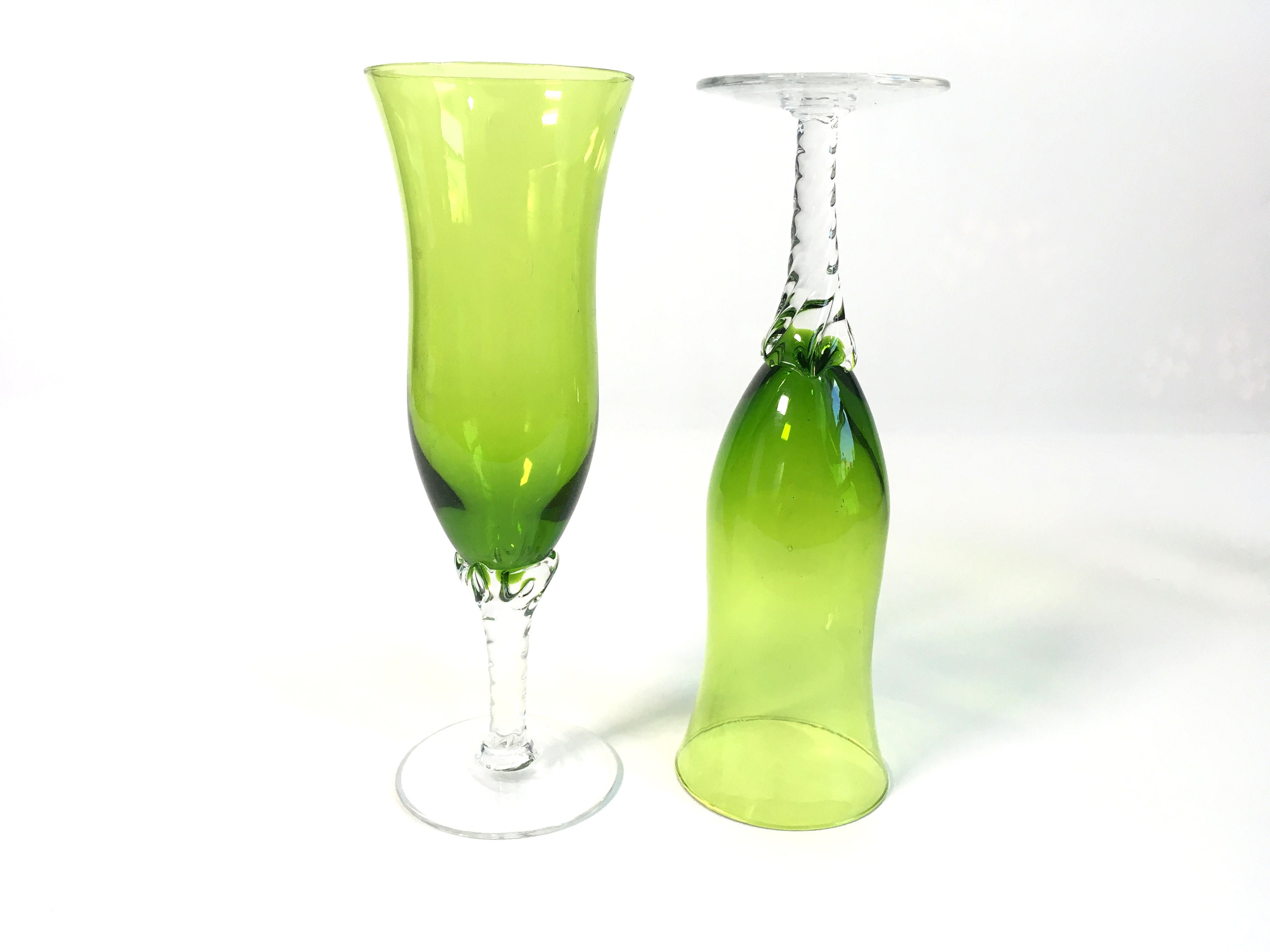 6 Vintage Green Italian Art Glass Champagne Flutes Retro Emerald Green