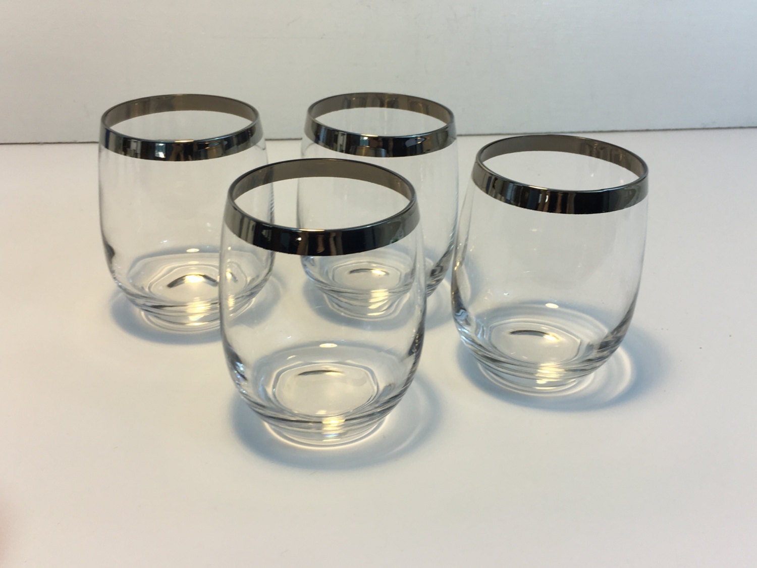 Set of 4 Tall Roly Poly Mad Men Silver Rim Drinking Glasses Vintage