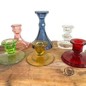 Vintage Glass Candleholders Mix 2nd Time Around Collection 6 Retro Colorful Home Decor Candlestick Holders Depression Era thru Mid Century image 7