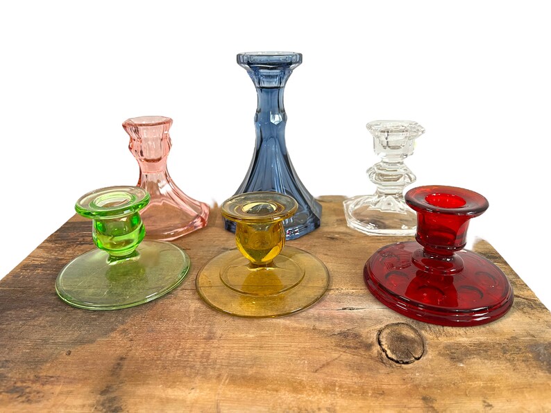 Vintage Glass Candleholders Mix 2nd Time Around Collection 6 Retro Colorful Home Decor Candlestick Holders Depression Era thru Mid Century image 7