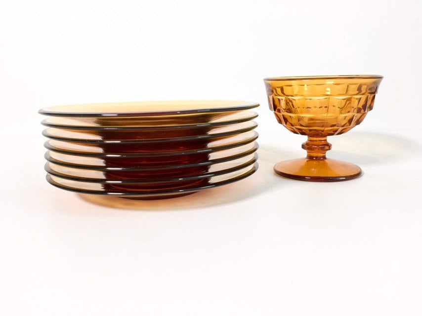 7 Vintage Amber Salad / Dessert Plates Small Plain Amber Glass Dishes