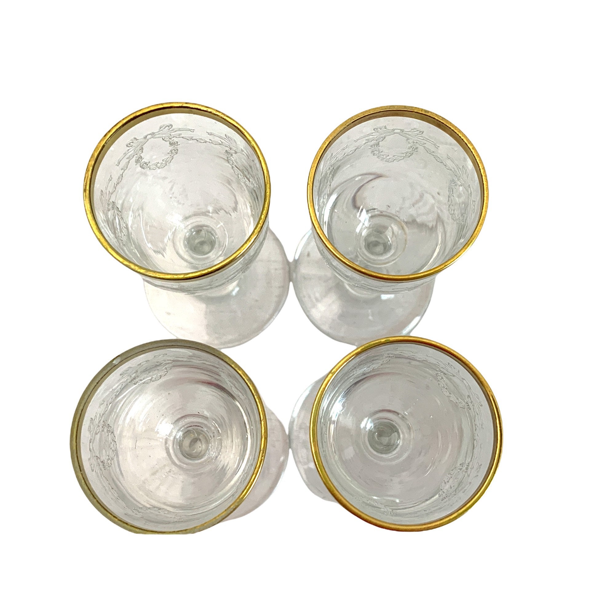 4 Vintage Gold Rimmed Cordial / Liquor Glasses w/ Garland & Bow