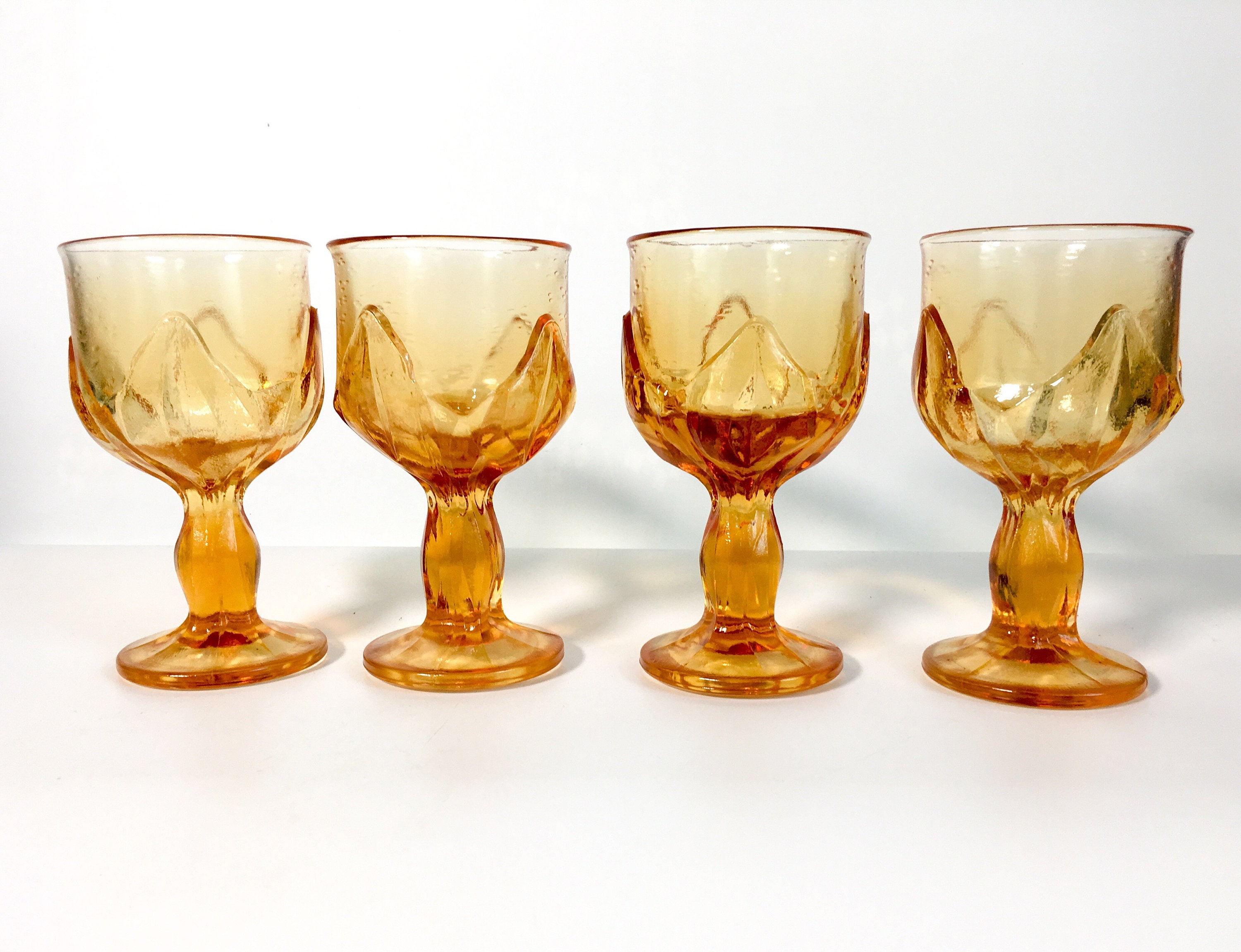 Vintage Set 4 Amber Goblets Four Retro HEAVY Water Glasses w/ Petals