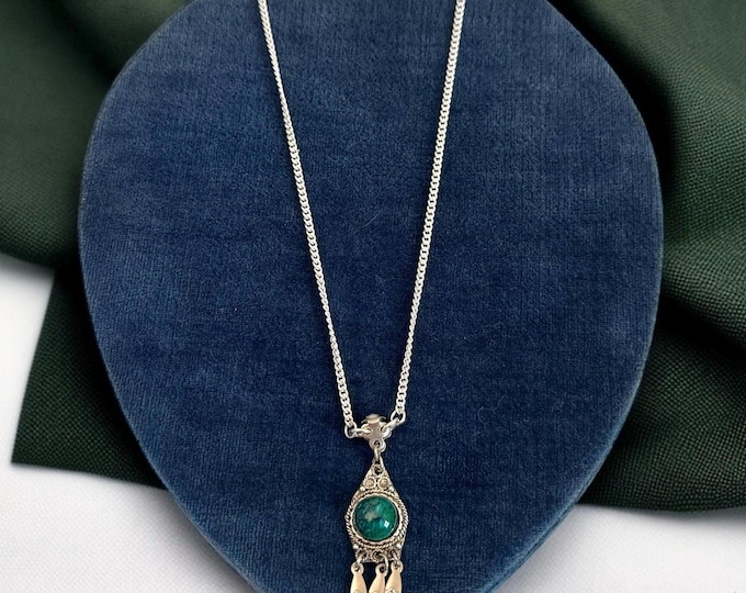 Vintage Sterling Silver & Malachite Stone Pendant Necklace - Dangle Drop Vintage Pendant on 925 Silver Chain - Mod Boho Jewelry w/ Hallmark