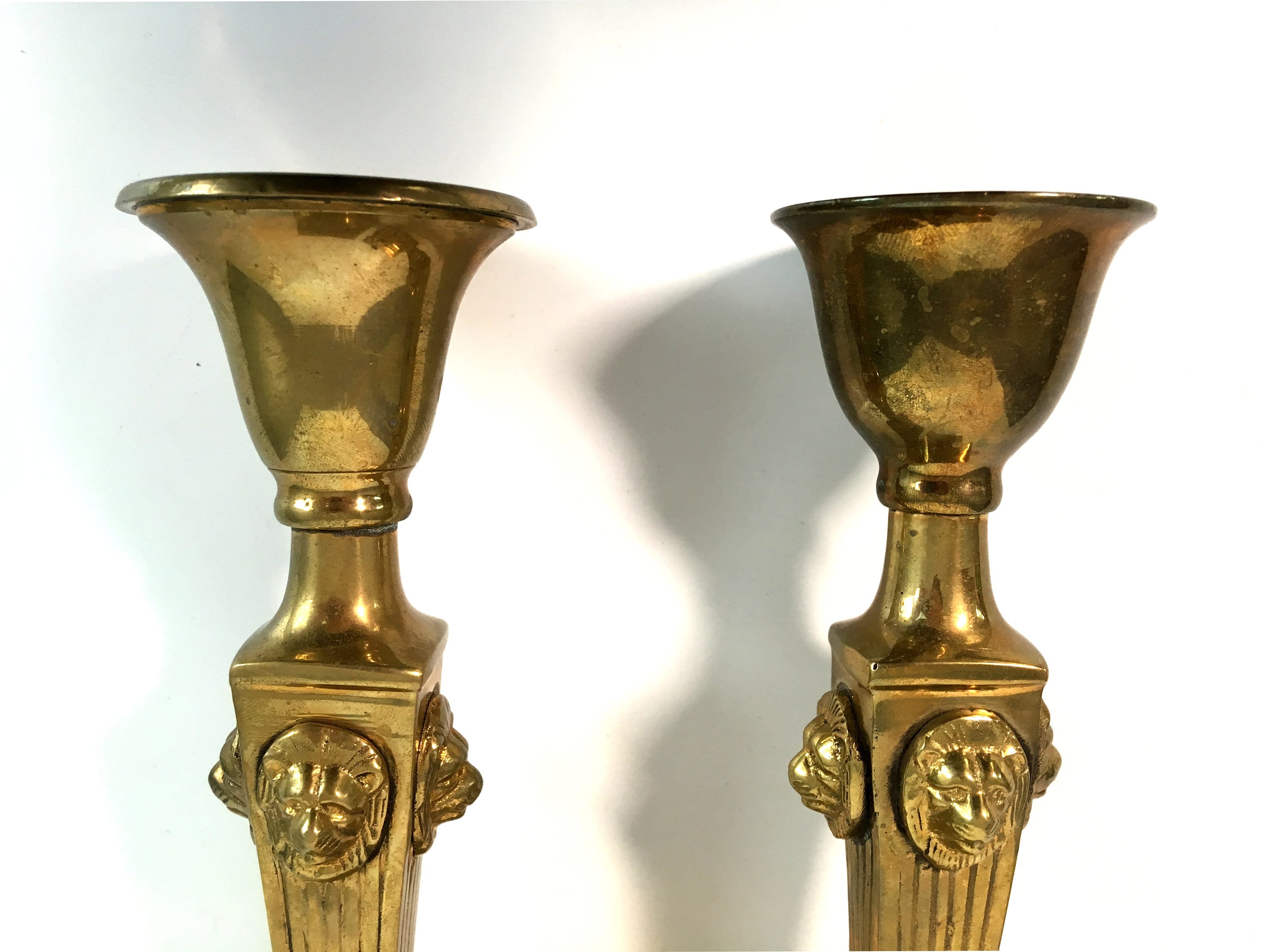 2 Vintage Brass Candlesticks w/ Lion's Head Pair Solid Heavy Brass