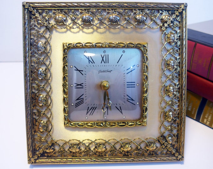 Vintage Guild Crest Clock - Ornate Gold Filigree Table Clock w/ Stand - Mid Century Guildcrest Retro Clock - Working Rebuilt Clock