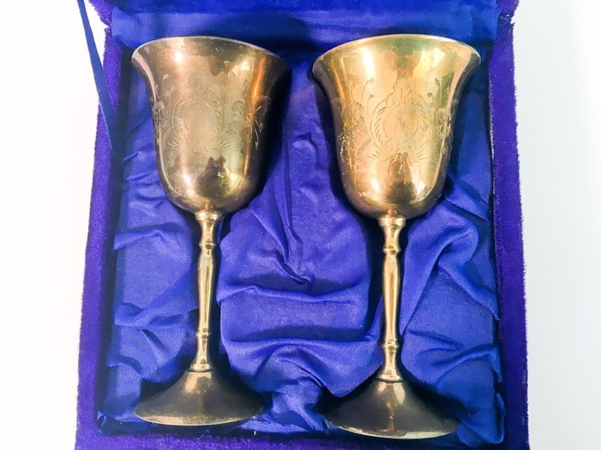 Vintage Pair Etched Brass & Silver plate Wine Goblets in Velvet Case