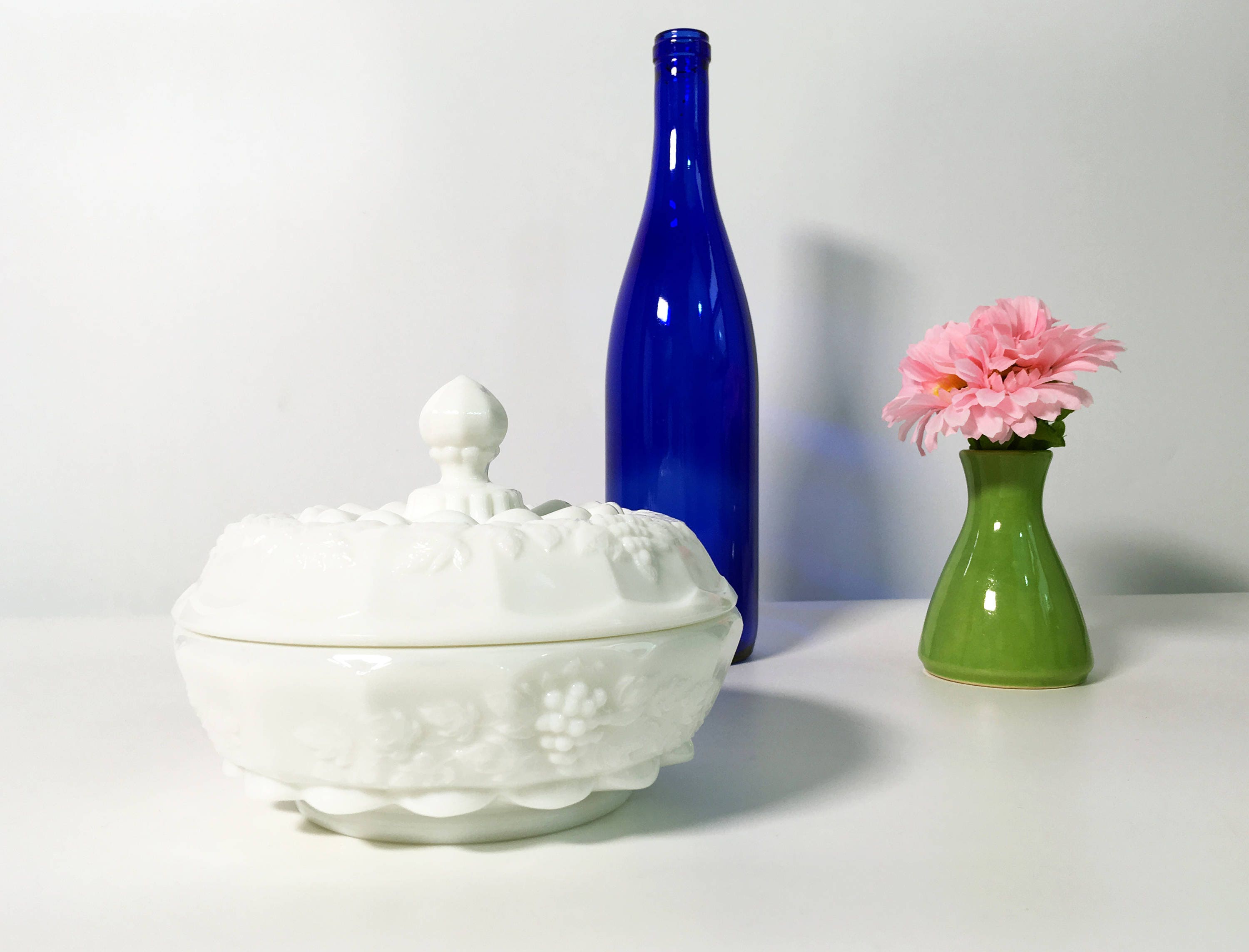 Vintage Westmoreland Grape Milk Glass Covered Chocolate or White Glass Candy Dish w/ Lid