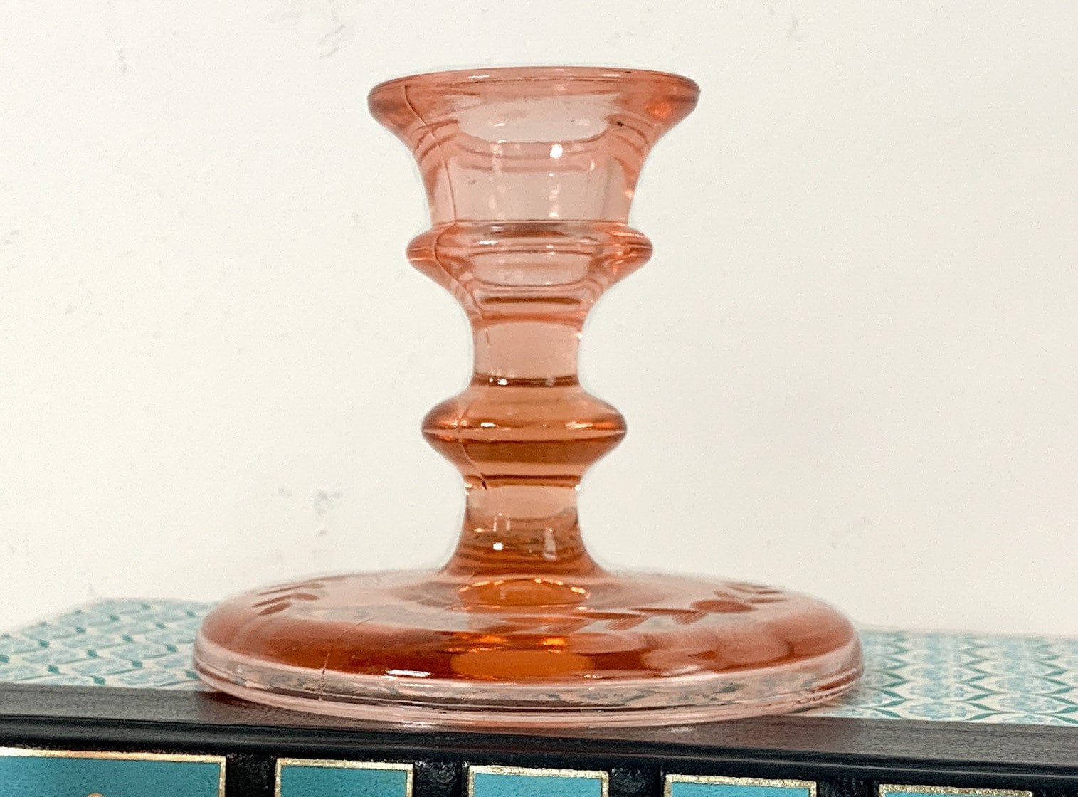 2 Vintage Etched Pink Depression Glass Candlestick Holders Pair Retro