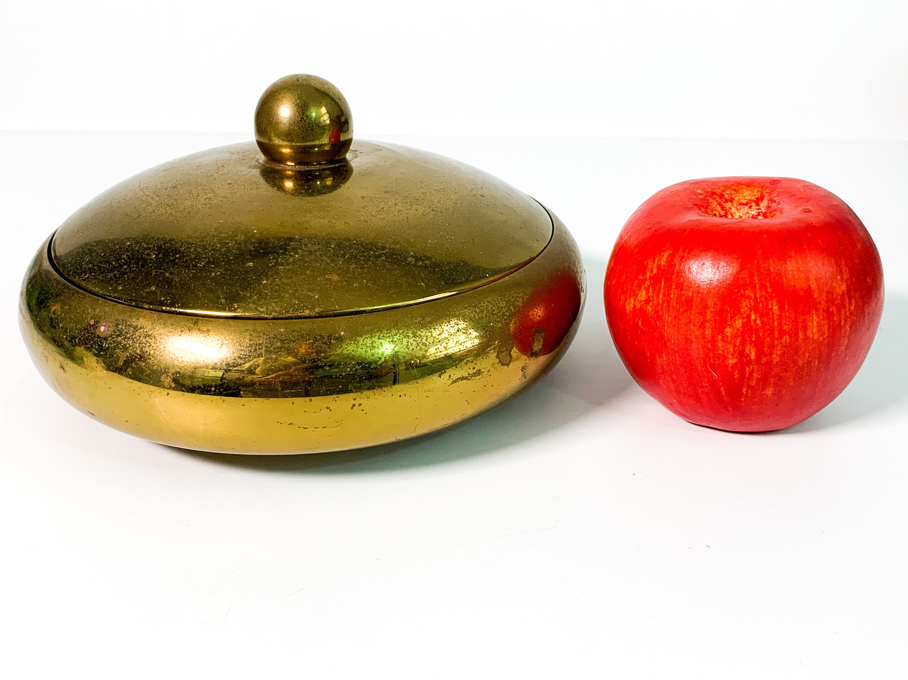 Vintage Round Brass Bowl W/ Lid & Divided Glass Insert Mid Century