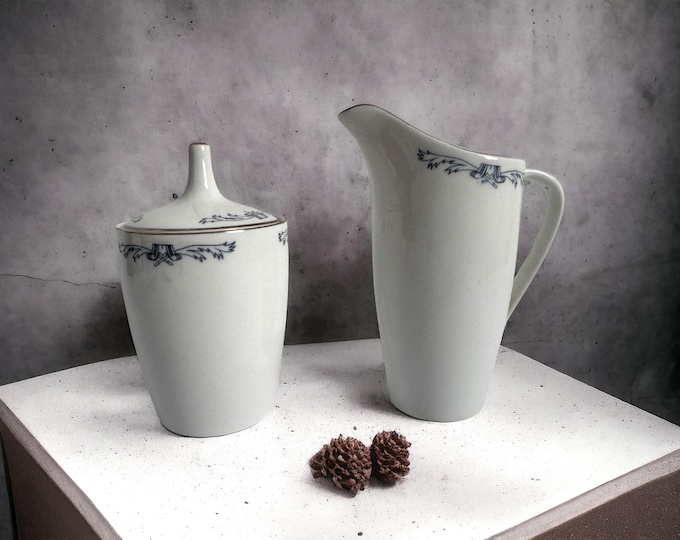 Cmielow Porcelain Elizabeth Vintage 3 Piece Retro Creamer & Sugar Bowl - Polish Poland - MCM White w/ Greyish Blue Scroll and Platinum Trim