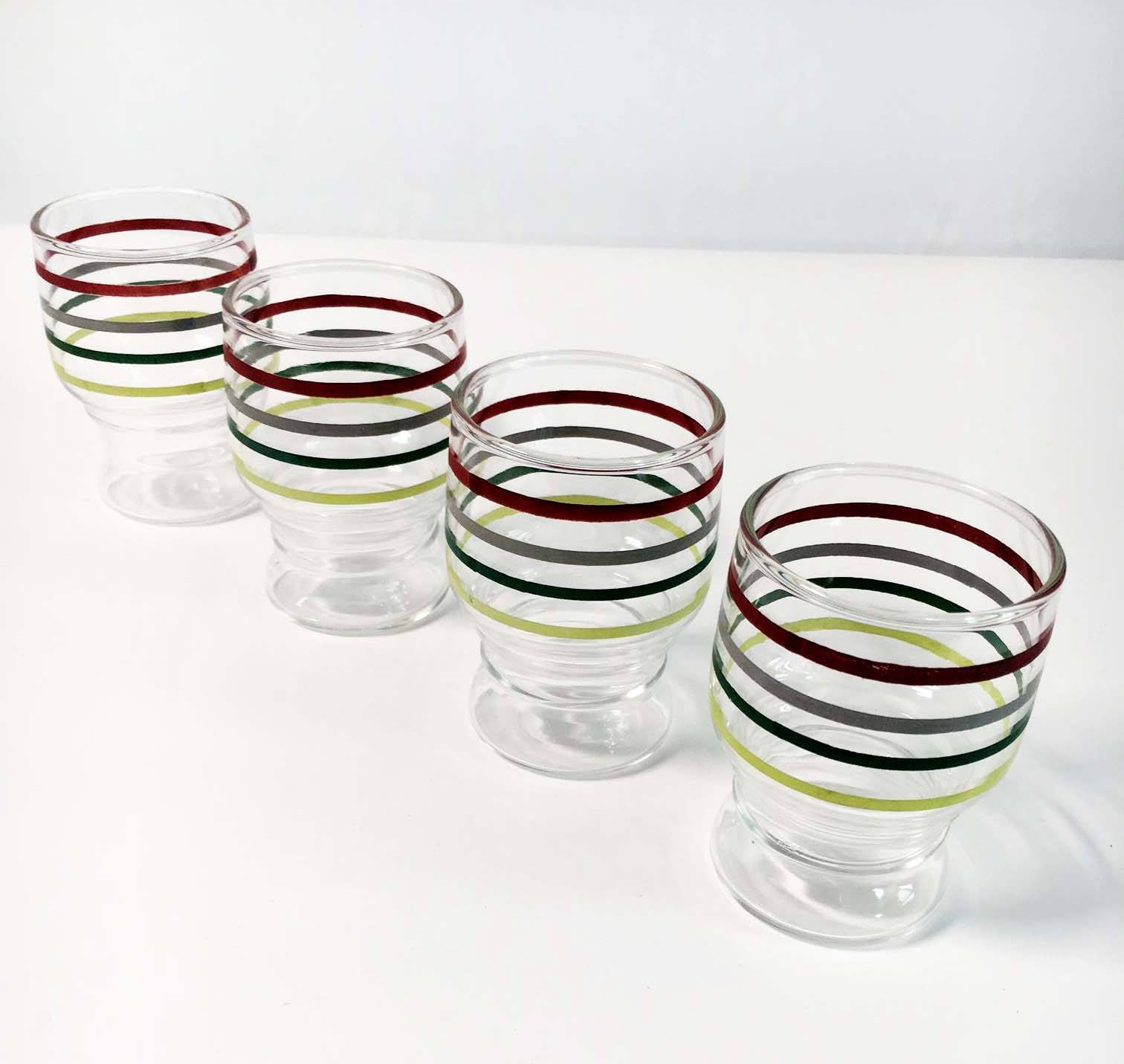 Set of 4 Vintage Libbey Color Striped Juice Glasses Red Green Colored