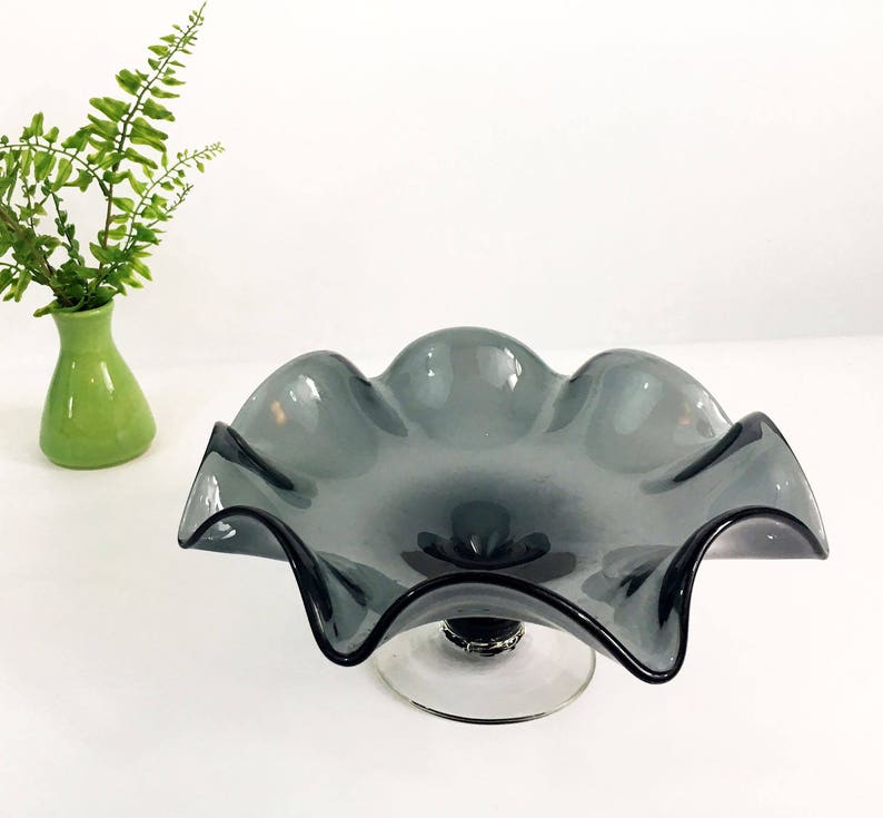 Ruffle Edges Decorative Glassware Vintage Smokey Grey Glass Compote Candy Dish Mid Century Modern Home Decor Large Gray Pedestal Bowl