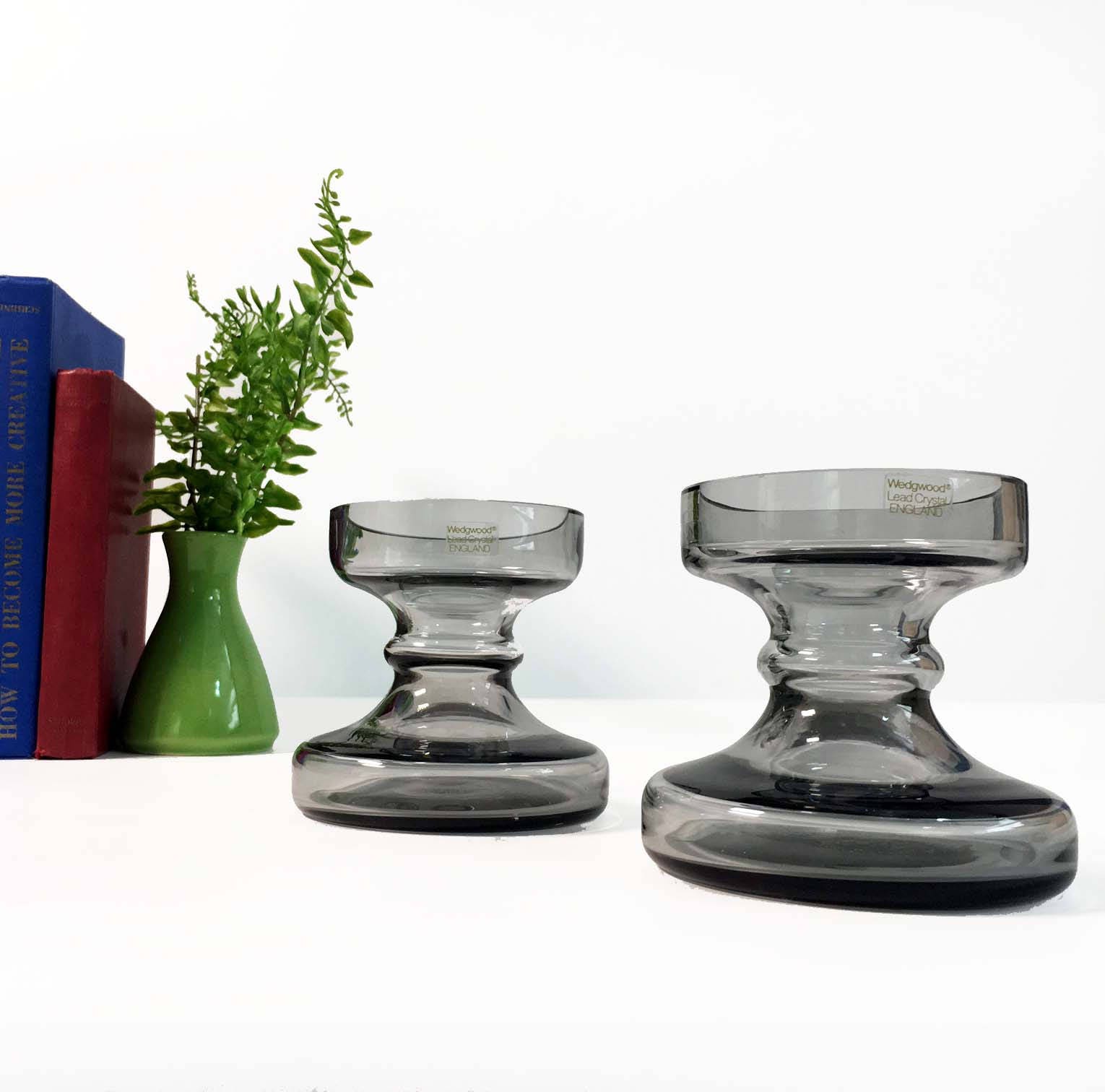 Vintage Pair of Wedgwood Glass Candleholders Midnight Grey Frank