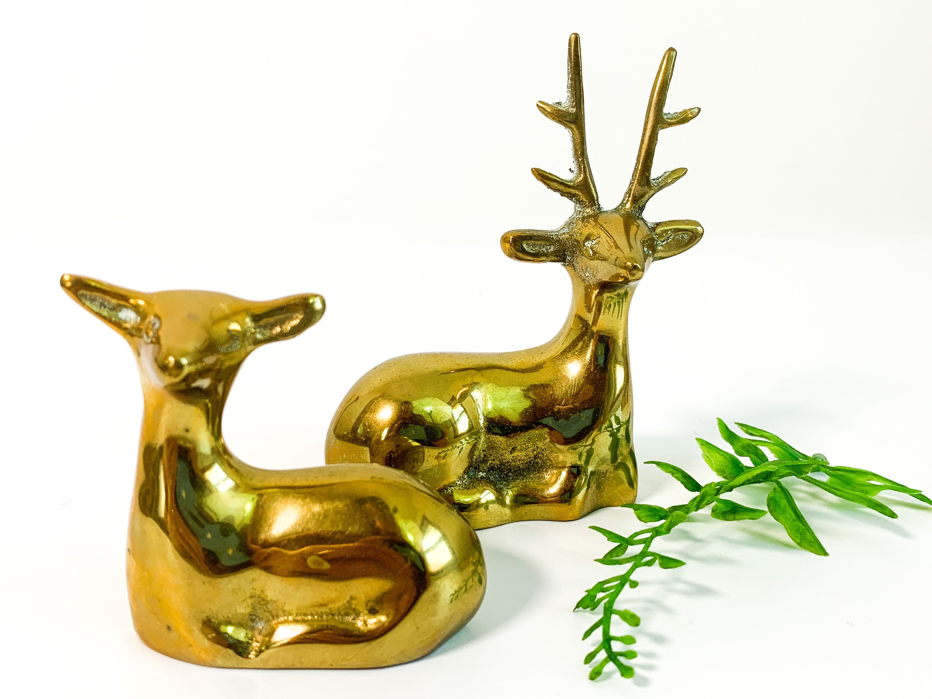 Pair Vintage Brass Deer 2 Brass Deer Laying Down Doe & Buck Wildlife