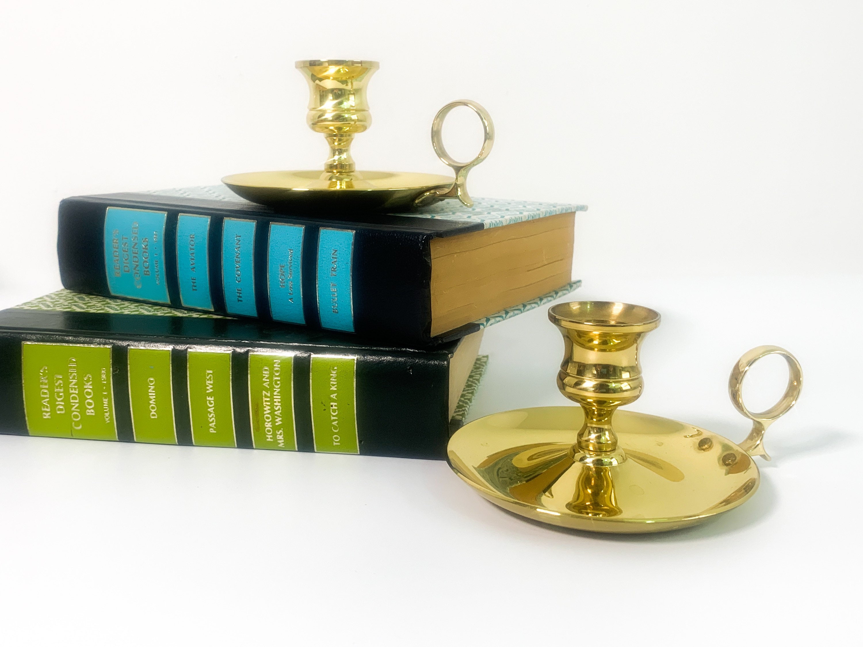 Vintage Pair Brass Chamberstick Candlesticks by BALDWIN - Low Candleholder  w/ Finger Loop