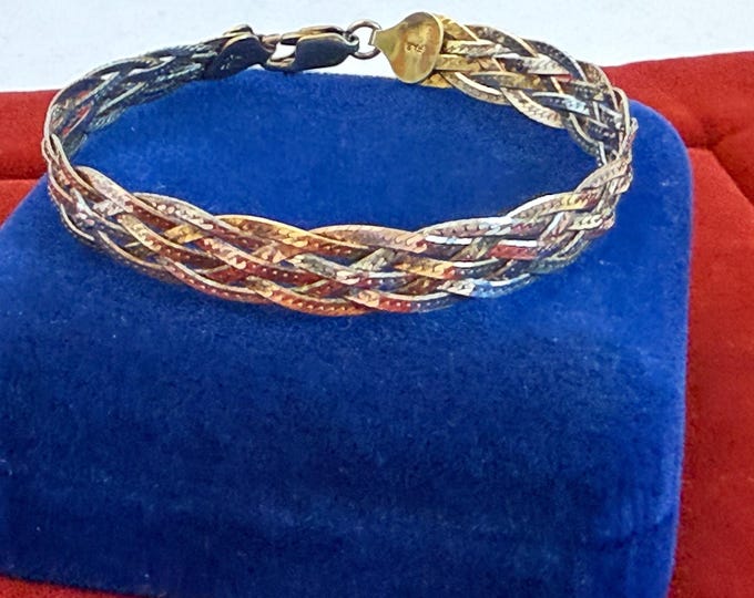 Vintage Sterling Silver Braided Tri Color 925 Bracelet - Flat S Link Chain - Retro Estate Jewelry - Gift Woman or Girl