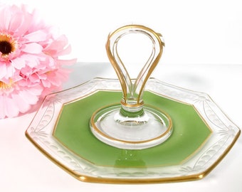 Vintage Small Green Etched Glass Center Handle Tray 8 Sides w/ Gold Trim - Retro Depression Glass Snack Serving Dish Circa 1940s