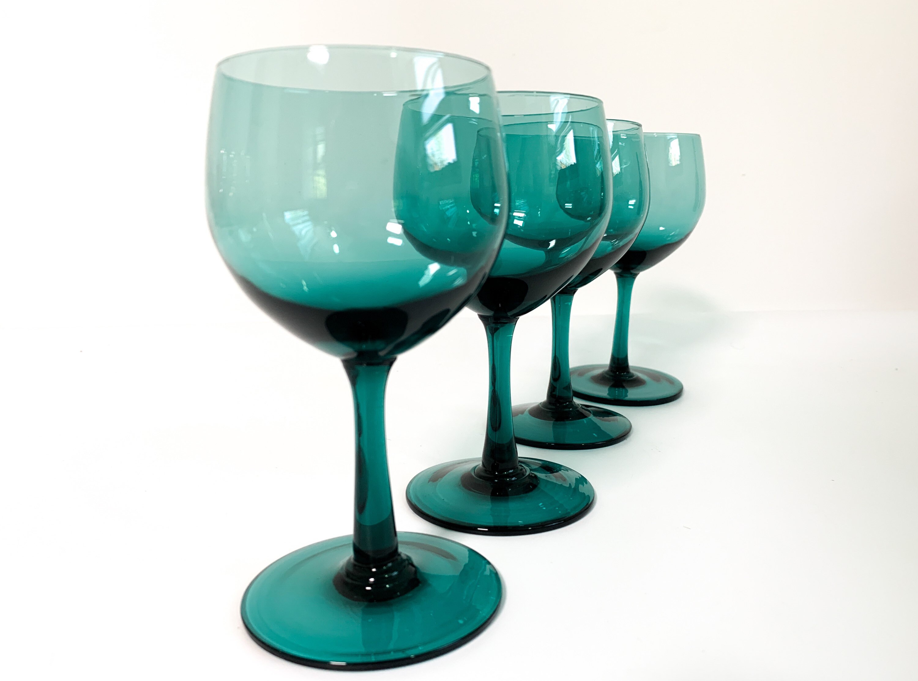 Vintage Aqua Green Wine Glasses Set of 4 Teal Green Hand Blown Wine