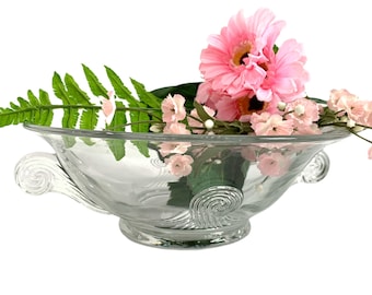 Vintage Art Deco Bowl W/ Swirl Curl Handles - Retro Clear Glass w/ Curls on Sides - Dining Kitchen Centerpiece Home Decor