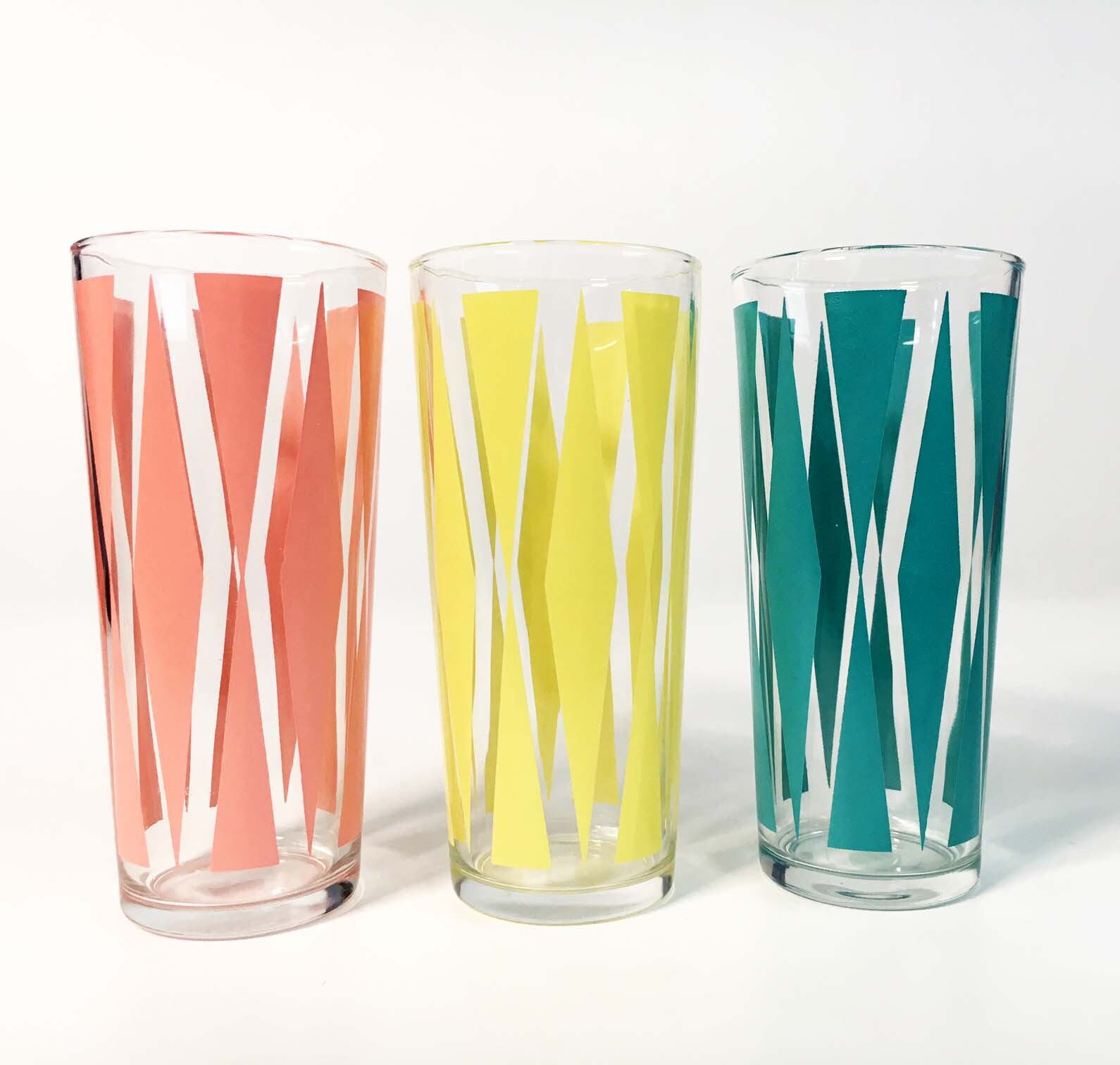 Set of 5 Vintage Colorful Tumbler Glasses Turquoise Pink Yellow Colored Geometric Design