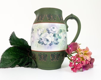 Antique Royal Bayreuth Bavaria Porcelain Pitcher  - Vintage Green w/ Blue Floral Small Jug w/ Handle - Retro Vintage Home Decor