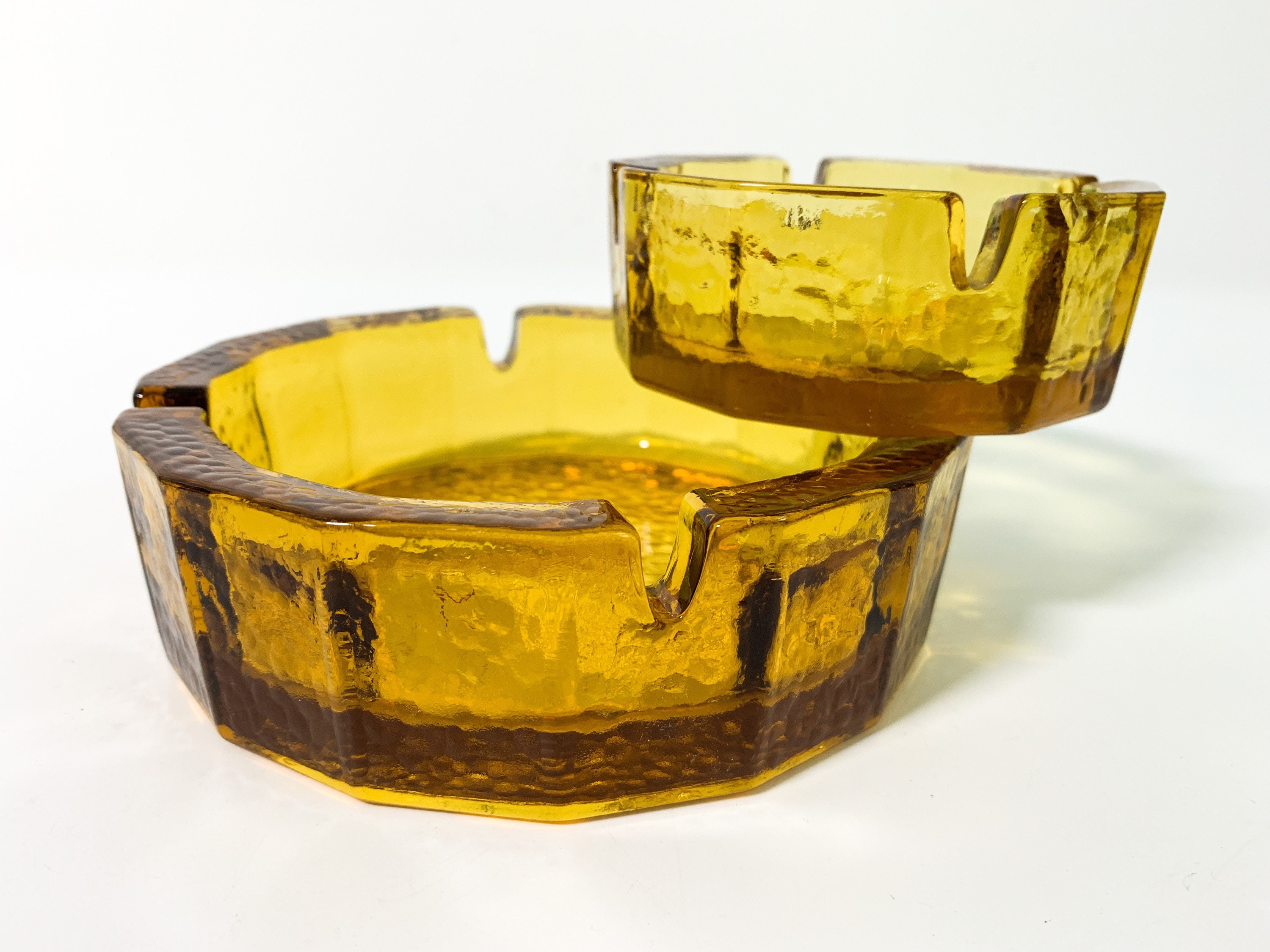 Vintage Amber Glass Set 2 Ashtrays Set Two Large & Small Round Yellow