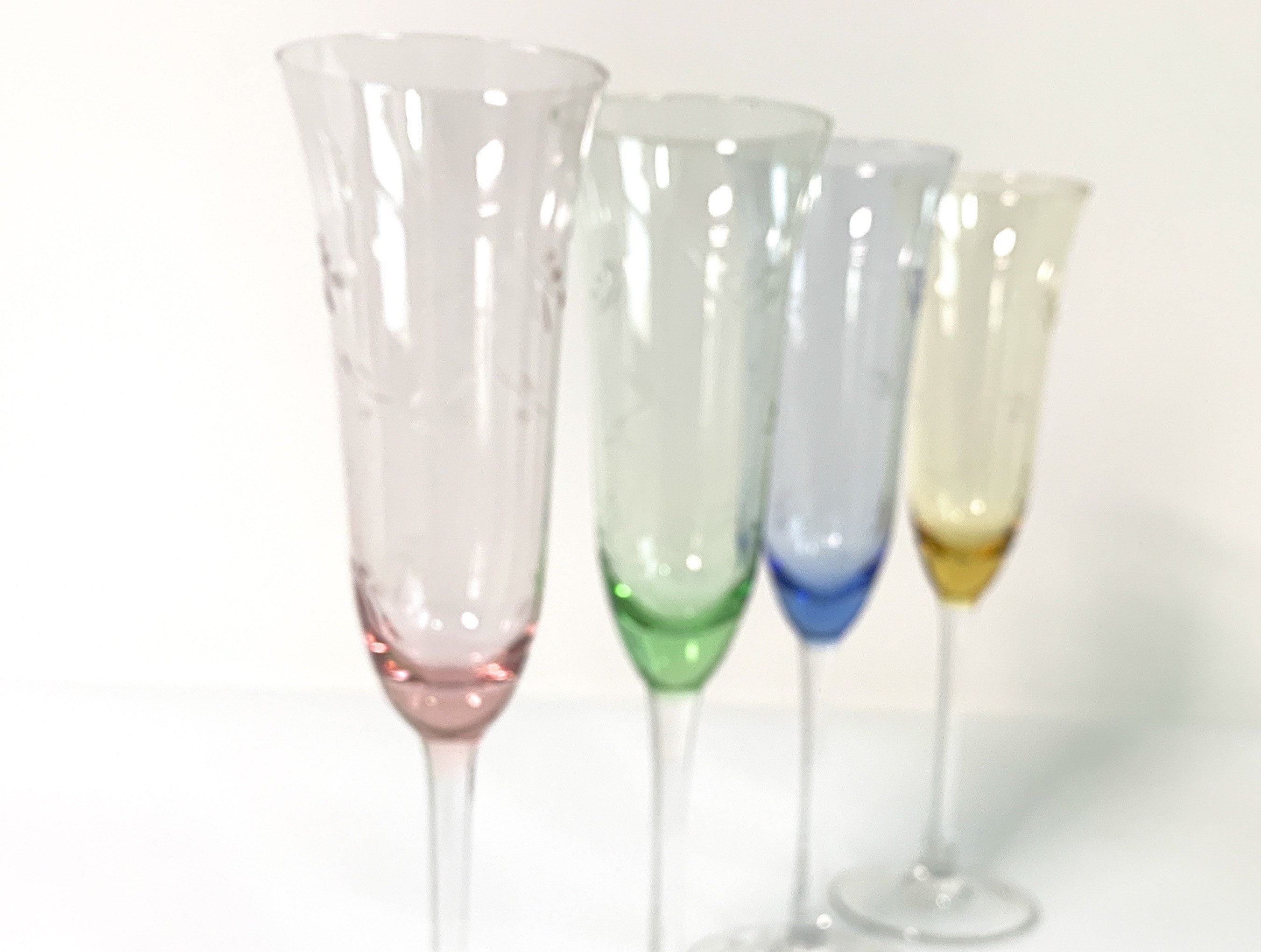 4 Vintage Very Tall Multi Color Etched Champagne Flutes Glasses 10