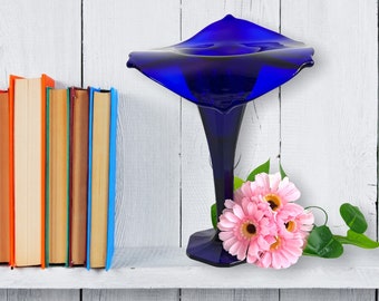 Vintage Cobalt Blue Art Glass Vase - Retro Jack in Pulpit Style Unique Home Decor Wide Folded Top Rim