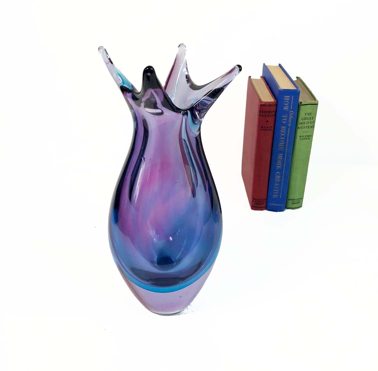 Vintage Art Glass Vase Iridescent Purple and Blue Cased Glass Vase