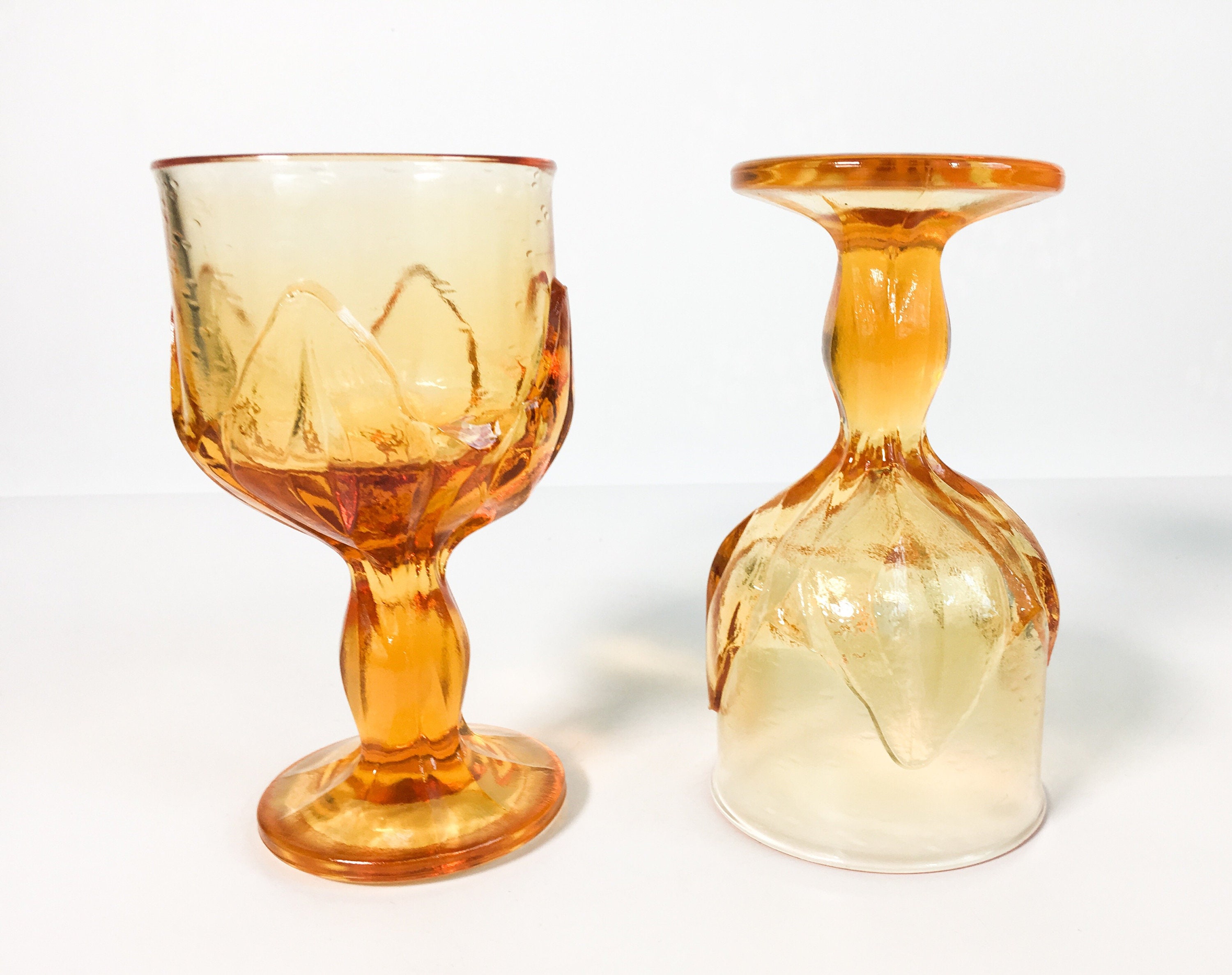 Vintage Set 4 Amber Goblets Four Retro HEAVY Water Glasses w/ Petals