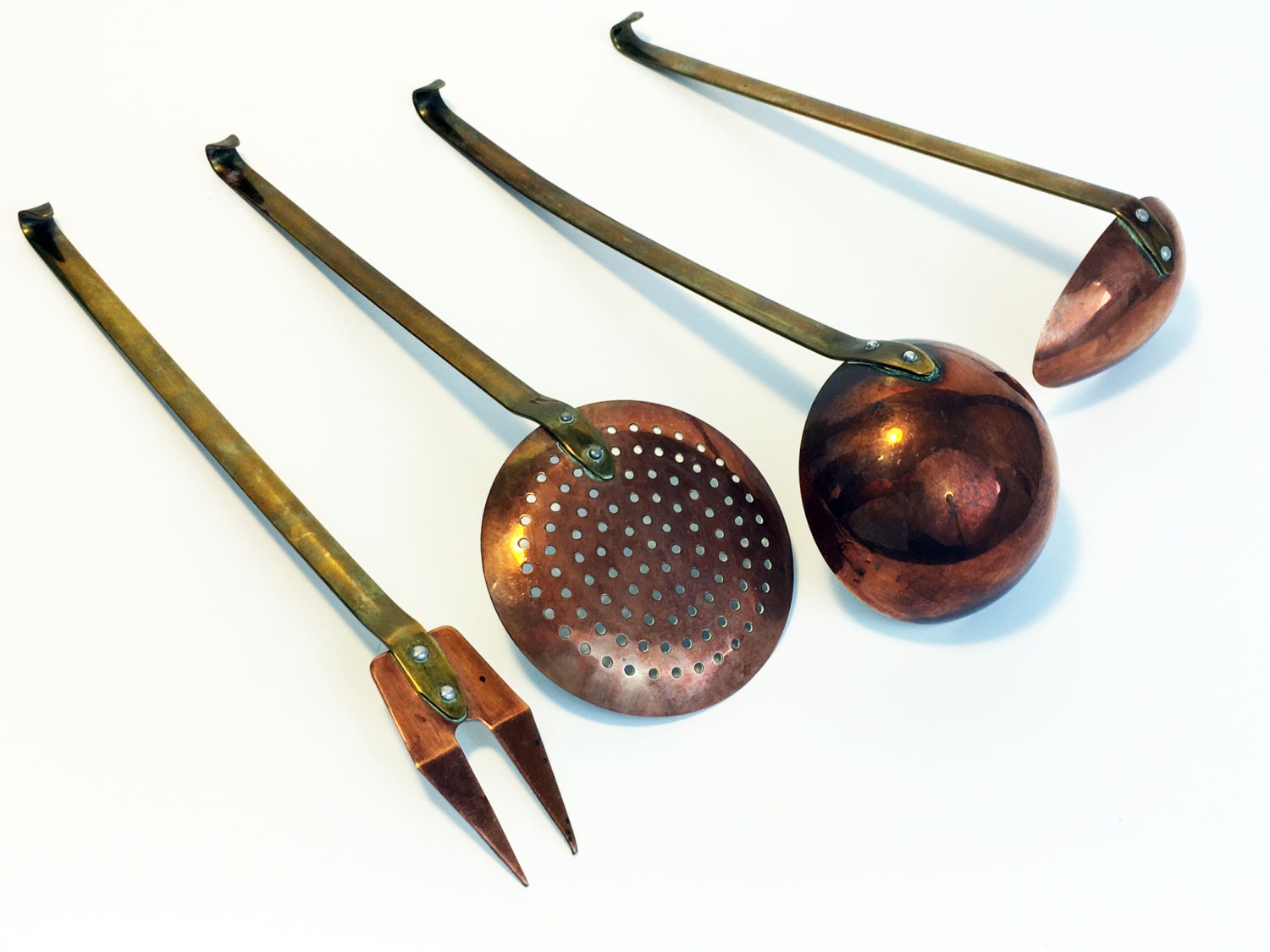Copper and Brass Cookware Kitchen Utensils Set - Hanging French Country ...