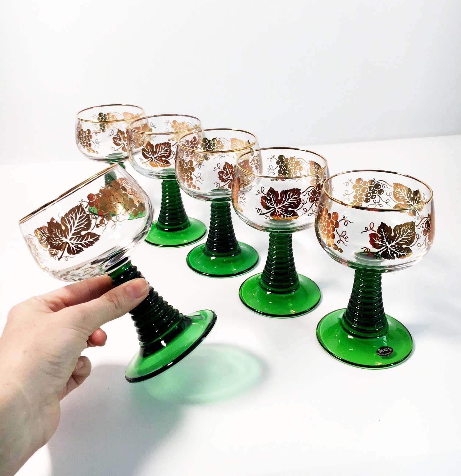 Vintage Green Stem Bockling Large Wine Glasses Set of 6 Gold Rim