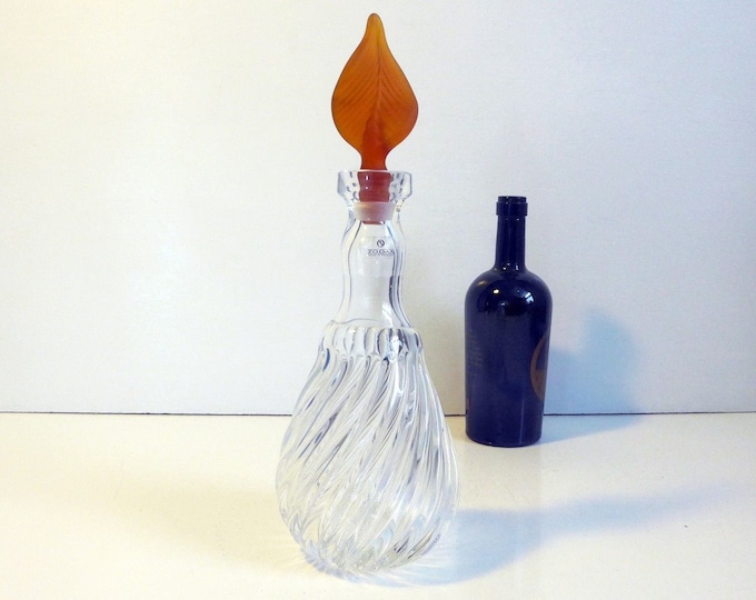 Zodax Decanter w/ Original Label Unique Amber Glass Stopper - Vintage Barware - Made in Portugal Clear Swirl Base