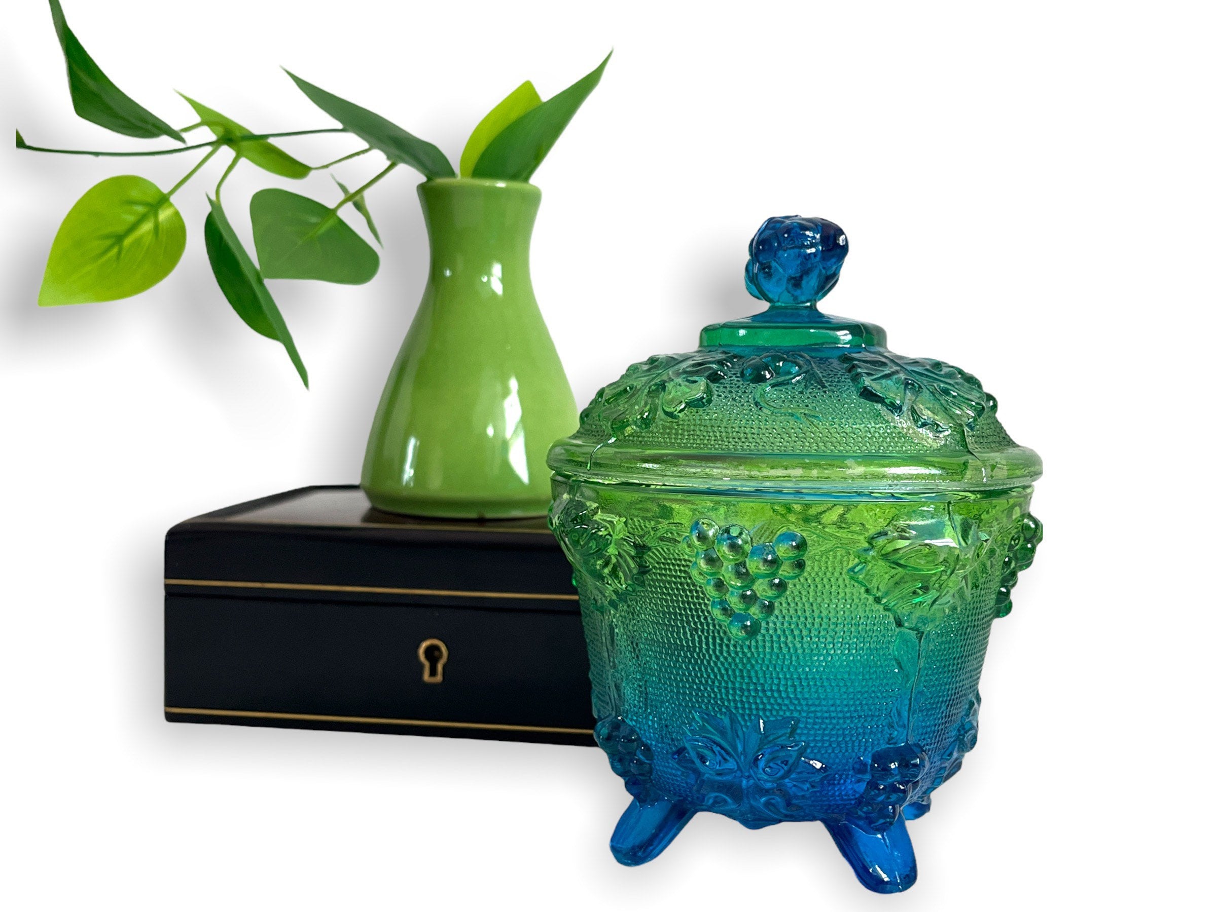 Vintage Green Blue Glass Round Footed Candy Dish Jar By