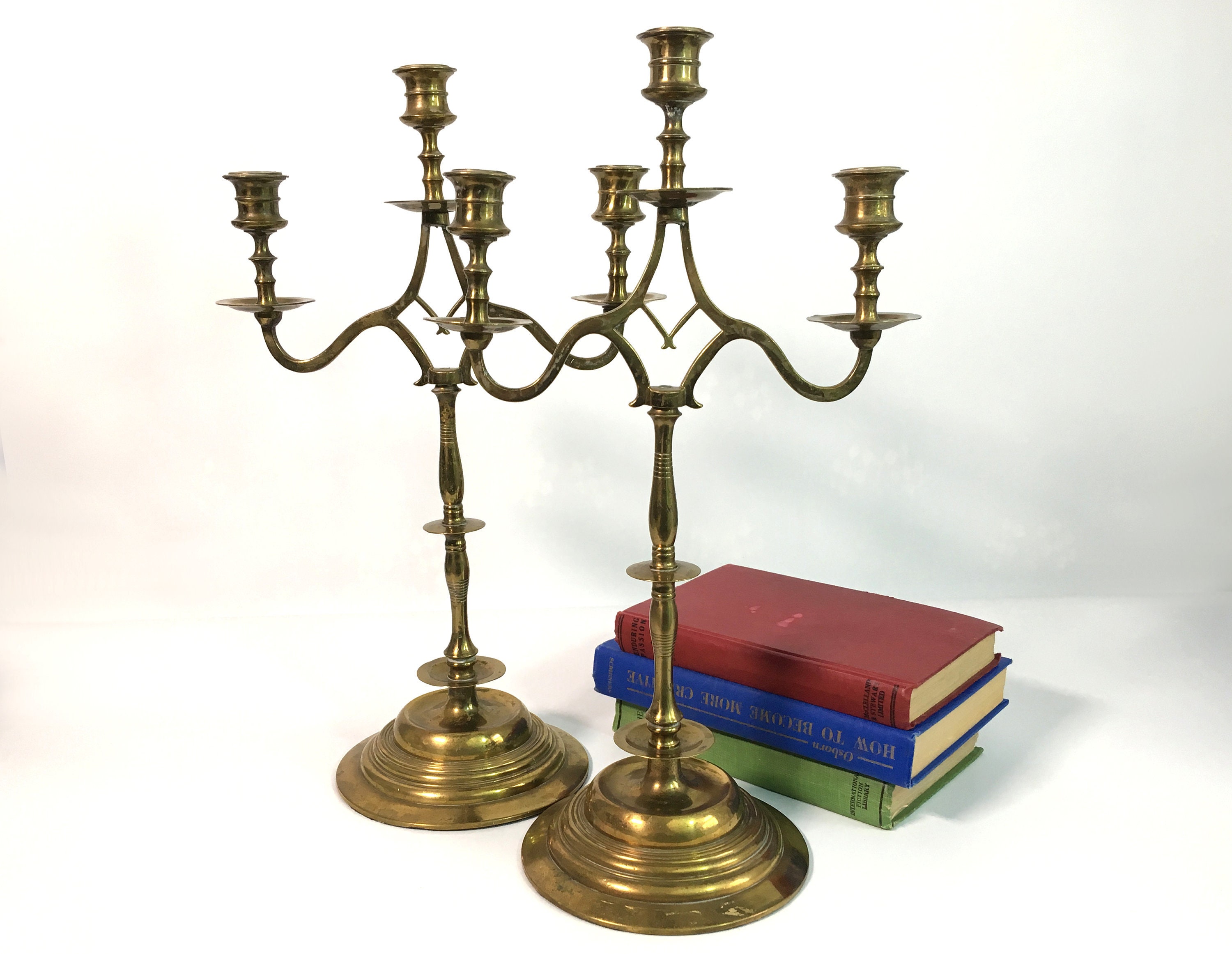2 Vintage Tall Brass Candlesticks w/ 3 Candle holders Each - Ornate Retro  Brass Design - Mid century Pair Candelabra w/ Round Bases