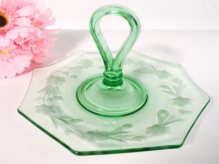 Green depression glass platter top
