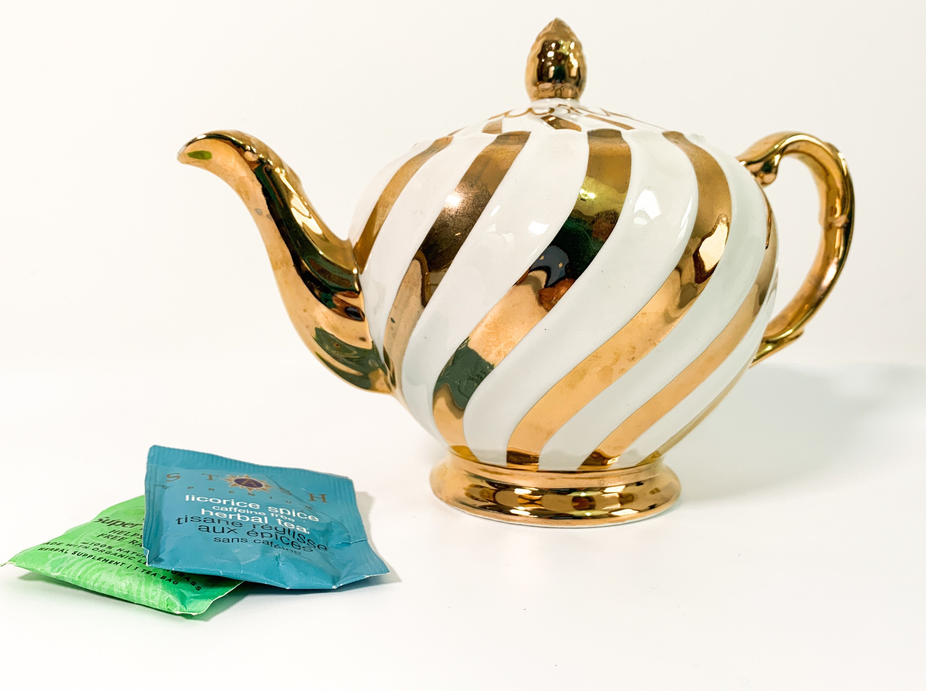 Vintage Ellgreave Wood & Sons Teapot Burslem England White and Gold