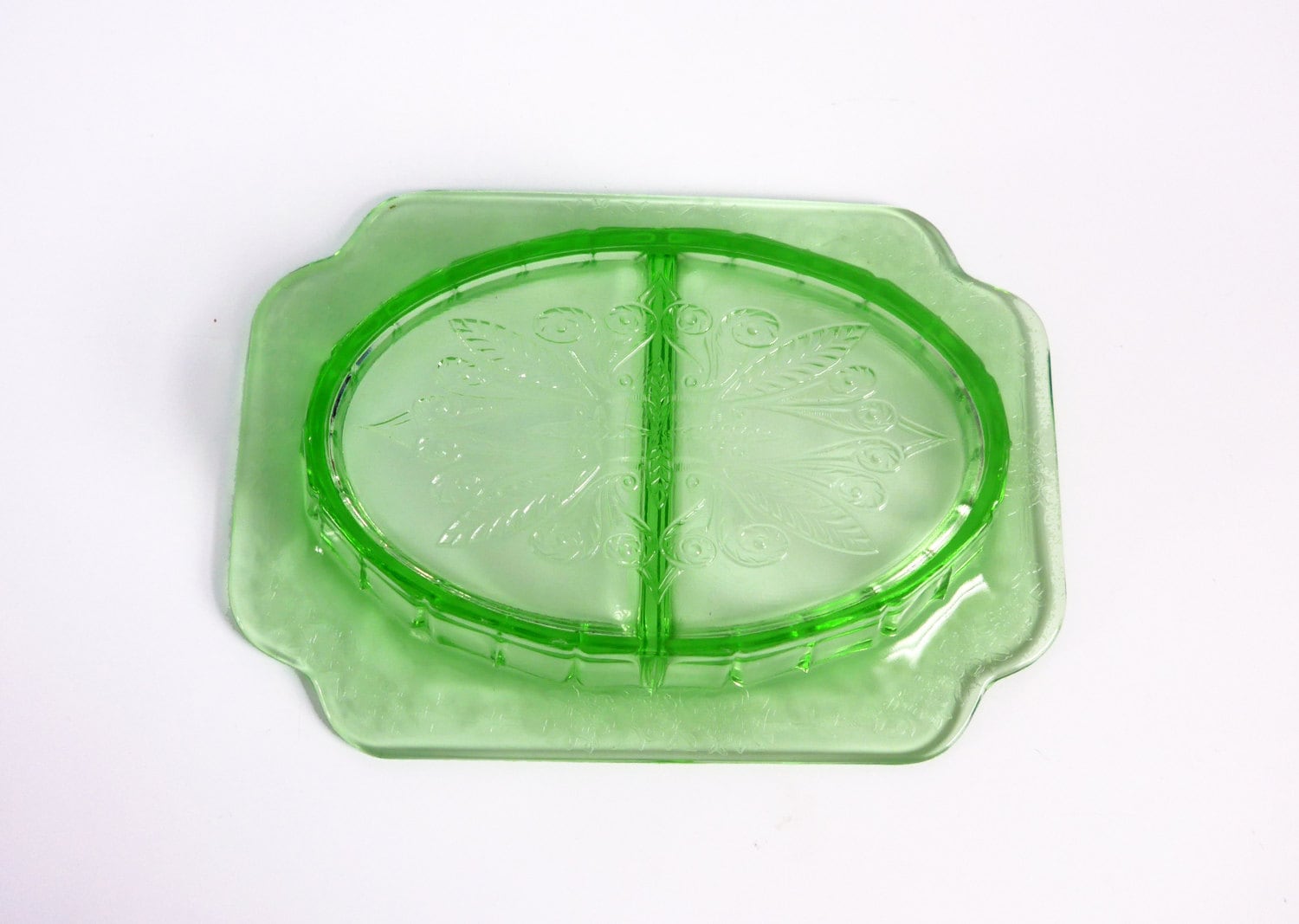 Vintage Green Depression Glass Relish Dish Rectangular w