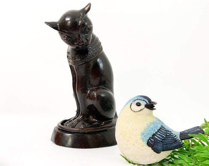 Vintage Dark Brown Stone Cat Statue - Sitting Kitty Figural Mid century Figurine - Feline Library & Home Decor - Kitsch Cat Lover
