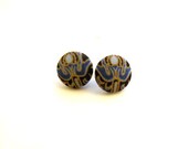 Boho button earrings, ethnic printed fabric, african print fabric, sterling silver earring posts 23mm, Studs earrings, Brown and blue