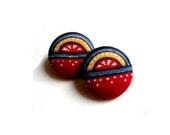 Aztec earrings, african print fabric, extra large fabic covered button earrings, ethnic jewelry, 38mm Rising sun red